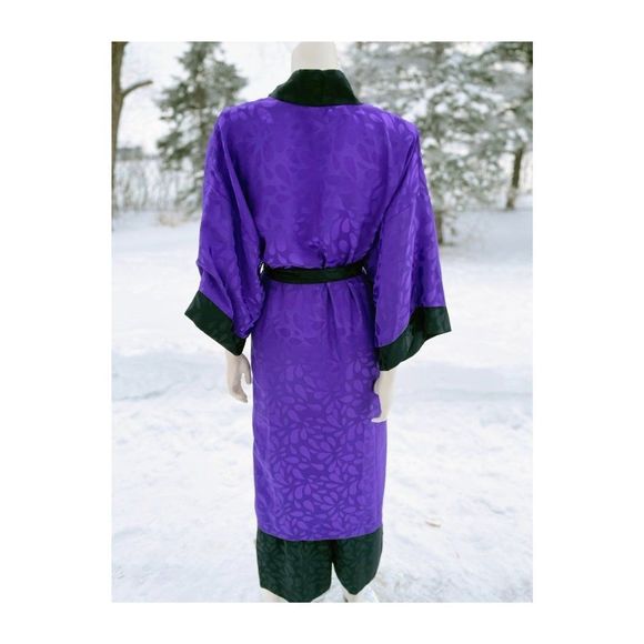 80s Diamond Tea Satin Loungewear Set Kimono Sleeve Duster Robe Trousers Purple B - Picture 6 of 16